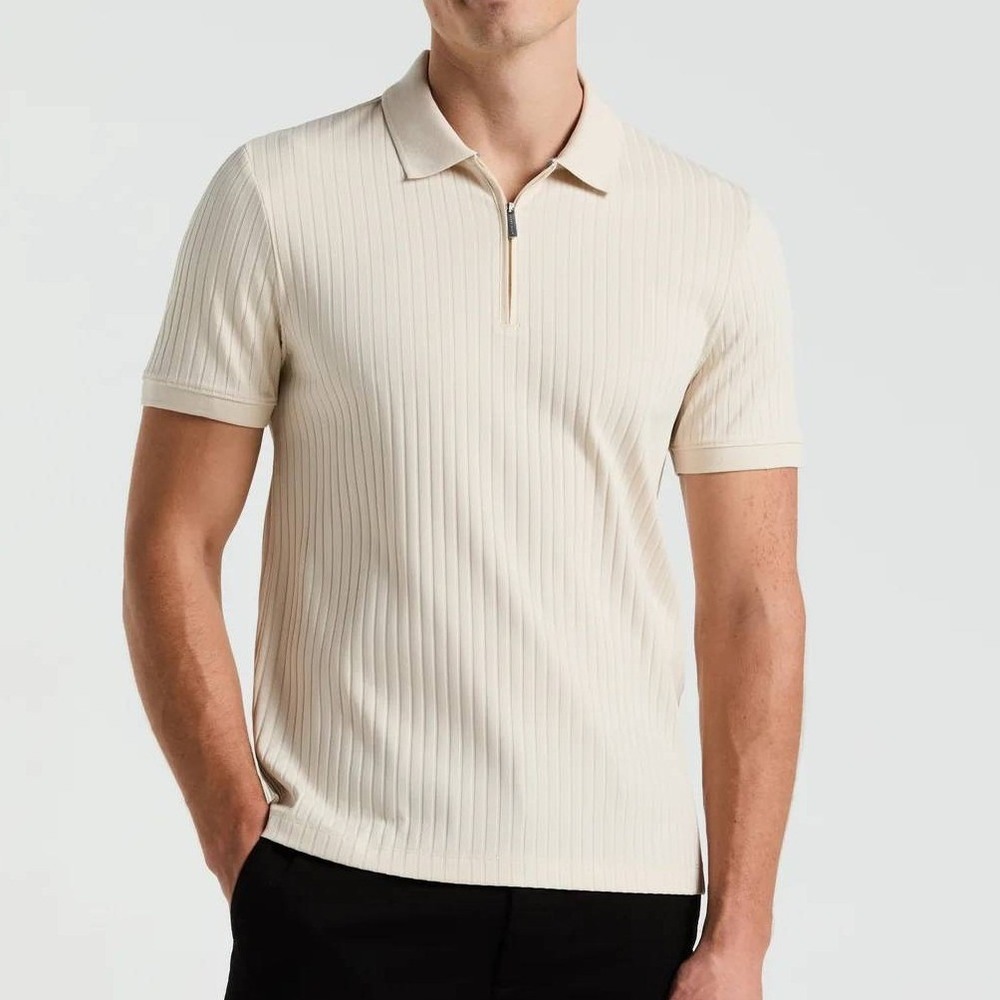 NWT Perry Ellis Men's Size M Ribbed Quarter-Zip Polo Shirt Birch Beige Cotton